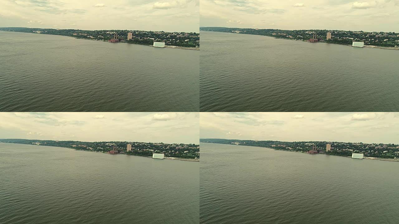 哈德逊河上的纽约州扬克斯全景。包括纽约中央铁路发电厂。空中无人机视频。