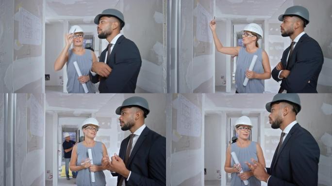 女建筑师和男投资者谈论房屋内部计划的变化