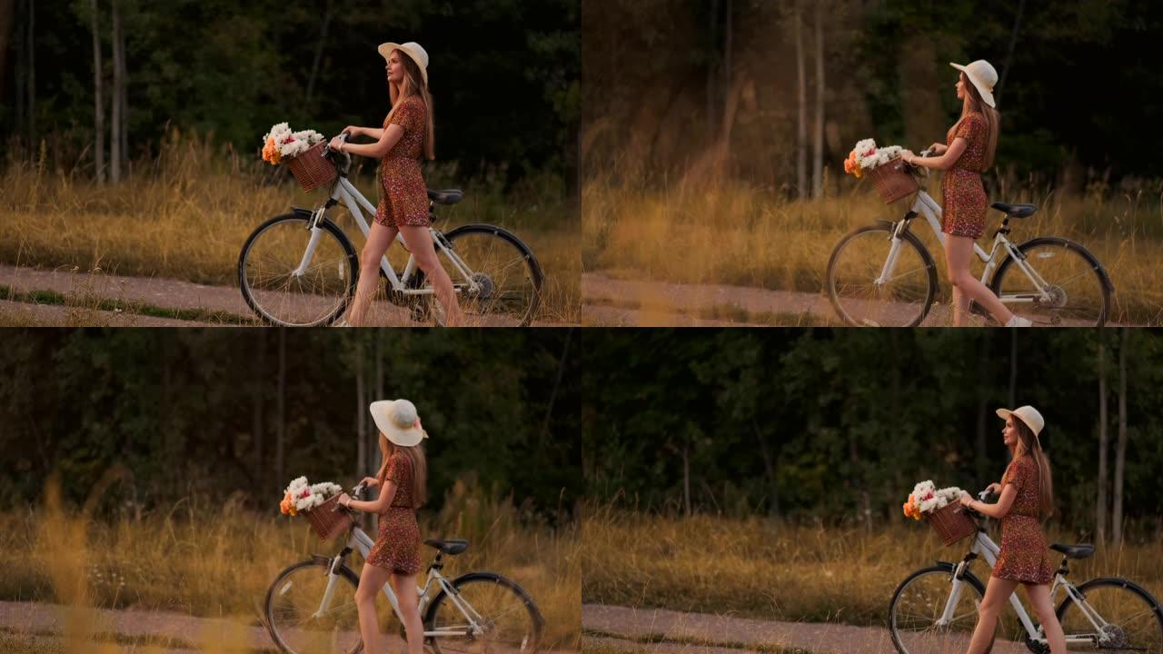 年轻微笑的金发女郎戴着帽子，穿着自行车和篮子里的鲜花走路。