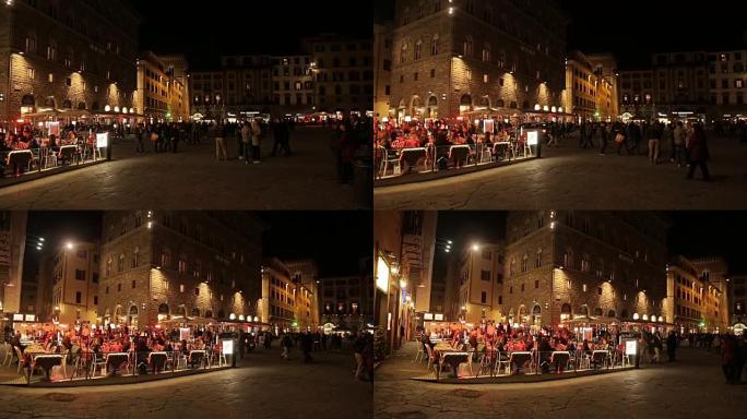 延时: 佛罗伦萨老城区的街景，晚上有人