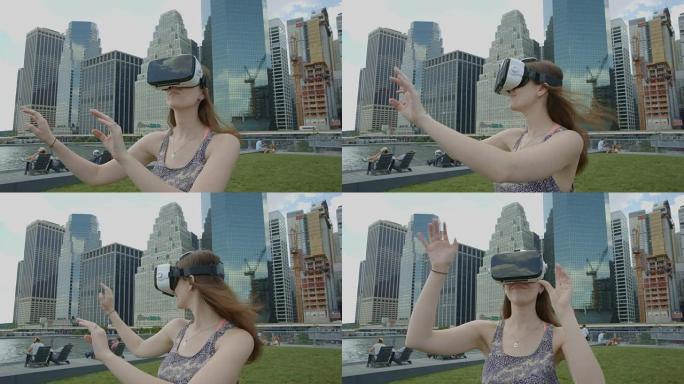 纽约曼哈顿市中心的年轻女性虚拟现实谷歌耳机