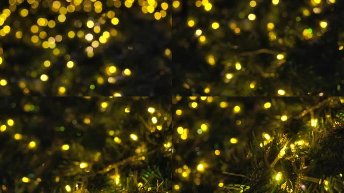 4k圣诞树和装饰树灯闪烁五颜六色，家居装饰
