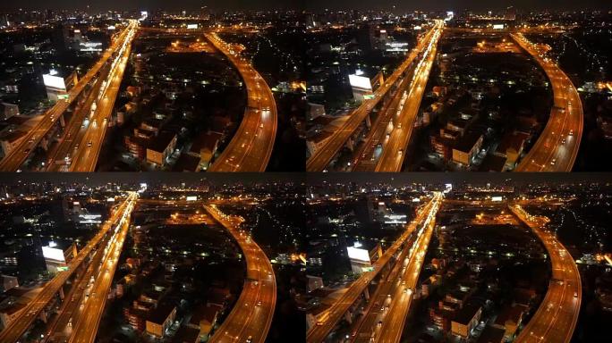 运输工业概念，从顶部看夜间大型高速公路的镜头