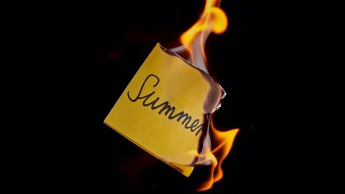 SLO MO LD黄色纸片，上面刻有 “summer” 字样，在火焰中燃烧