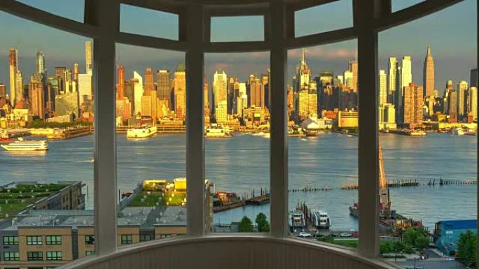 纽约城市景观黄昏延时窗口全景城市景观曼哈顿