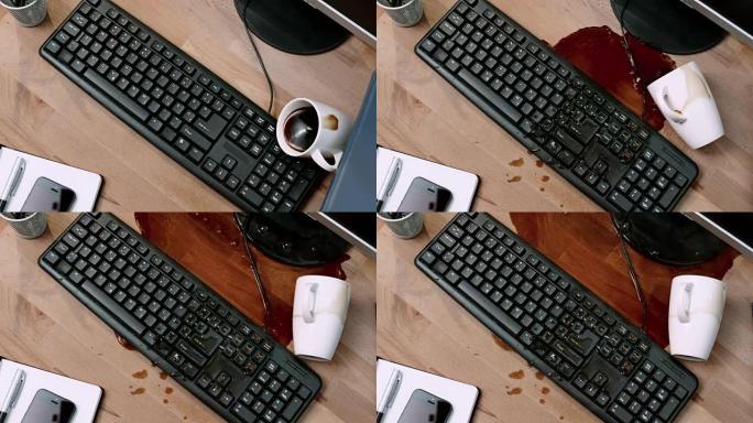SLO MO LD一杯咖啡被笔记本撞倒，并在办公桌和键盘上拼写