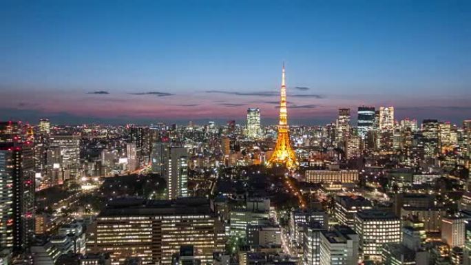 时间流逝: 东京的城市景观，东京日落时的鸟瞰图