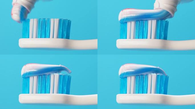 牙膏挤到牙刷上，口腔卫生，牙菌斑预防，特写