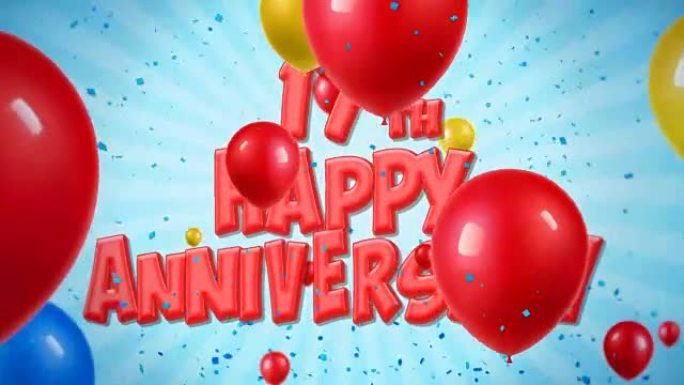 17周年快乐红色文字出现在五彩纸屑爆炸坠落和闪光颗粒上，彩色飞行气球无缝循环动画，用于祝福，聚会，邀