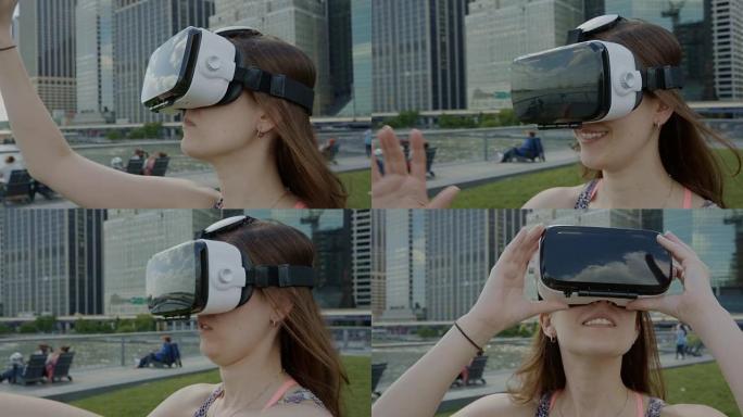 虚拟现实模拟器谷歌耳机年轻女子3d
