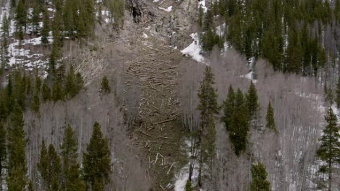 在科罗拉多州西部的一座山的一侧用倒下的原木拍摄雪崩碎片场的空中无人机
