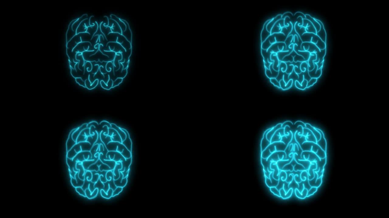 2D动画，闪烁的蓝色霓虹灯形成了人类大脑的结构。在黑色背景上显示神经网络的燃烧线。智能的概念，内脏，