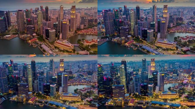 日落时分，新加坡商业区市中心的日夜过度移动或droonelapse场景