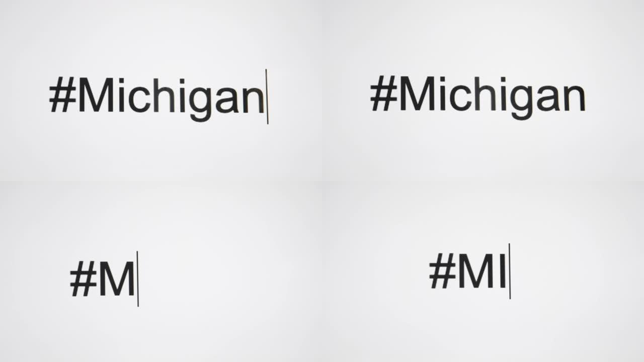 一个人在他们的计算机屏幕上键入 “# Michigan”，然后使用州缩写
