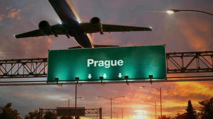 飞机在美妙的日出中起飞布拉格