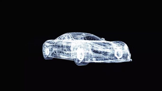3D动画，黑色背景上的白色汽车全息图旋转。汽车内饰的图形插图。运动图像，汽车工业，车辆结构。