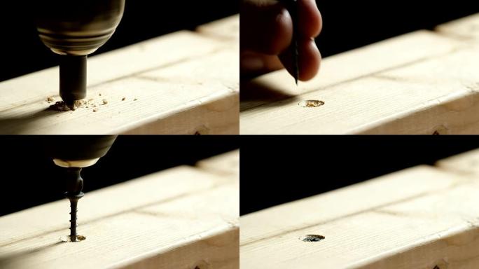 埋头钻头在浅色未完成的木板上钻了一个孔，然后高加索木匠刷掉了木屑并将黑色碳钢螺钉插入孔中