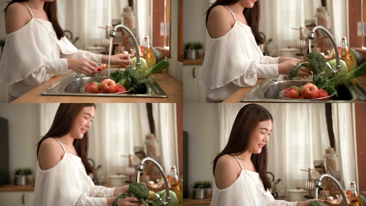 检疫: 女人在家洗手蔬菜
