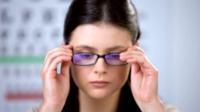 视力模糊的患者戴上眼镜并立即摘下眼镜