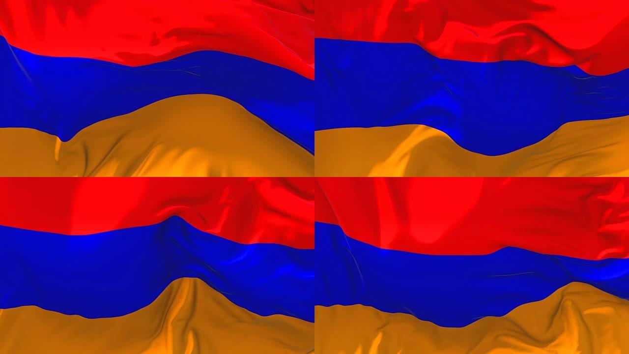亚美尼亚国旗迎风飘扬的慢动作动画。4K逼真的织物纹理旗帜平稳吹在一个刮风的日子连续无缝循环背景。