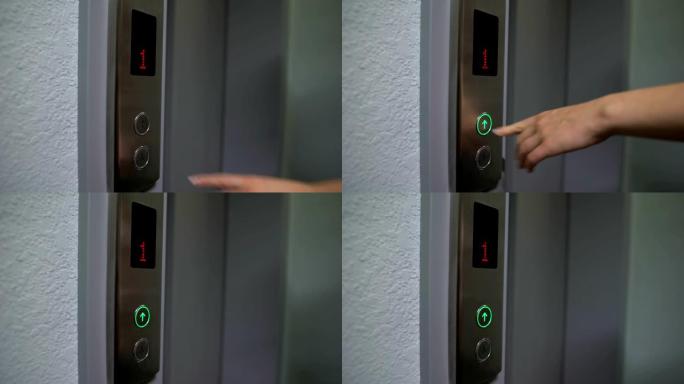 女性手指按下电梯按钮，从1层移动到上层，特写