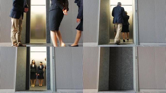 有礼貌的男人与日本职业商务女性共享电梯