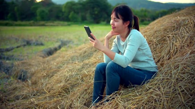 年轻女子在稻田里发短信