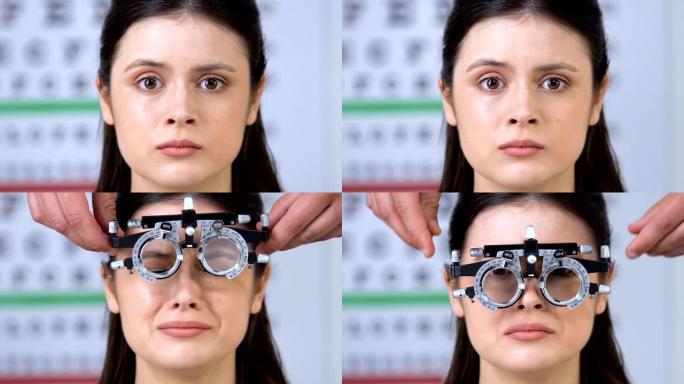 眼科医生将phoropter放在害怕的女性患者的眼睛上，进行视力测试