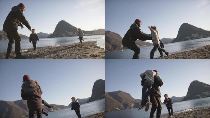 日落时分，孩子们在湖边碰到父亲的怀抱
