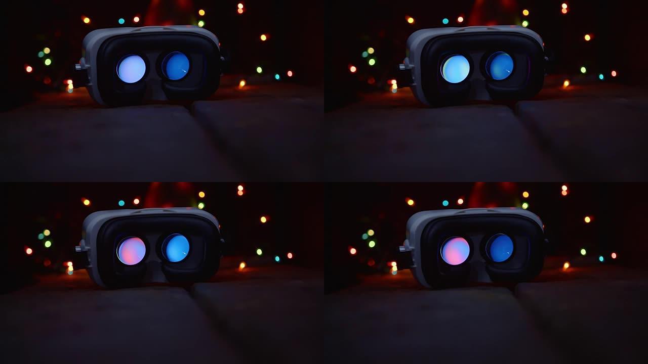 虚拟现实耳机谷歌眼镜在旧木桌上闪烁