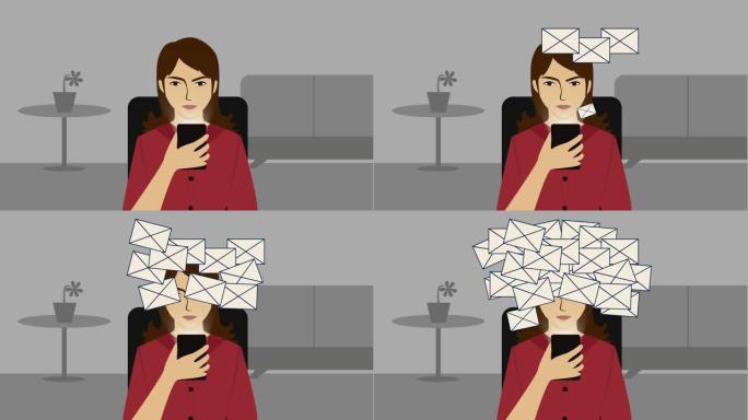 2D动画，女孩举起手与智能手机和信封从它出现在前景覆盖女人的脸。信息过载，现代生活方式，数字成瘾。
