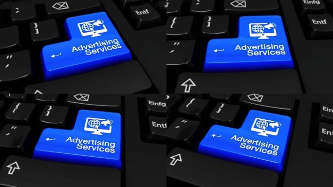 广告服务在现代计算机键盘上的蓝色输入按钮上移动运动，带有标记的文本和图标。选定的聚焦键是按动画。内容