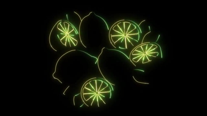 黑色背景上新鲜柠檬的2d霓虹灯动画。发光的光形成柑橘类水果。新鲜，维生素，数字卡通。