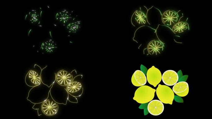 黑色背景上新鲜柠檬的2d霓虹灯动画。发光的光形成柑橘类水果。新鲜，维生素，数字卡通。