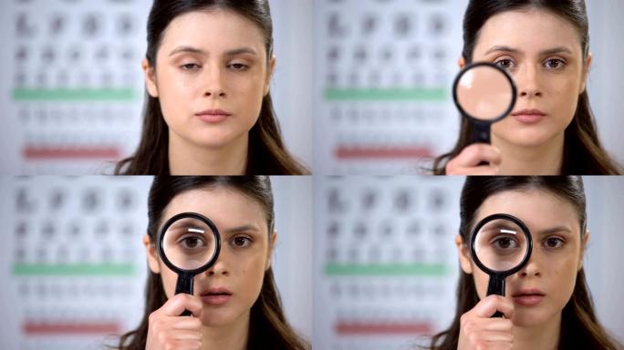 年轻女士透过镜头看凸轮，瞳孔检查，眼角膜遗传学