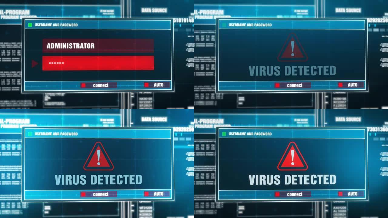 病毒输入登录名和密码后，计算机屏幕上的数字系统安全警报错误消息上生成的检测到的警告通知。网络犯罪，计