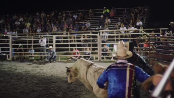 慢动作拍摄了一名公牛骑手参加公牛比赛的镜头，然后在晚上被人从体育场的公牛背上扔出