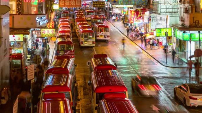 香港九龙旺角花苑街市及女士街市巴士总站夜间的时间流逝