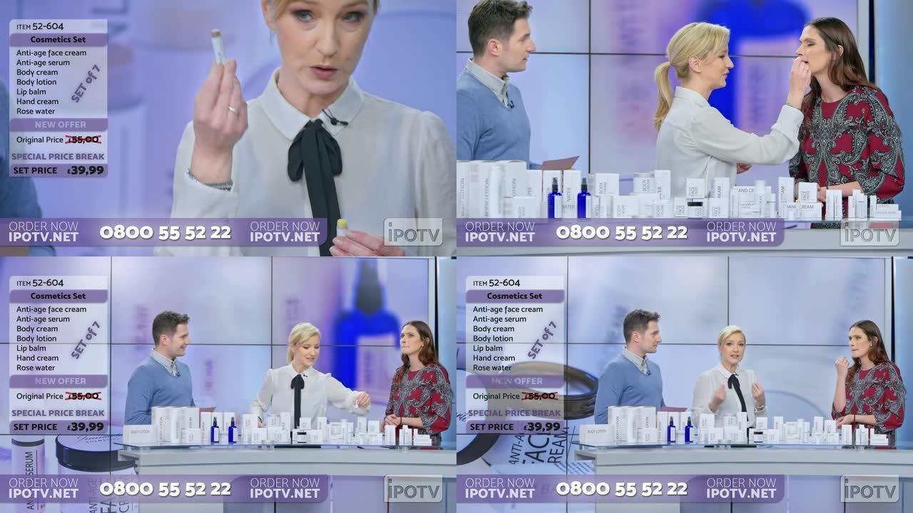 英国商业广告蒙太奇: 女人在与商业广告节目的男主持人交谈时，将化妆品系列的唇膏放在女模特的嘴唇上