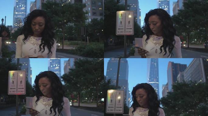 年轻的纽约人智能手机打字线上购物微信视频