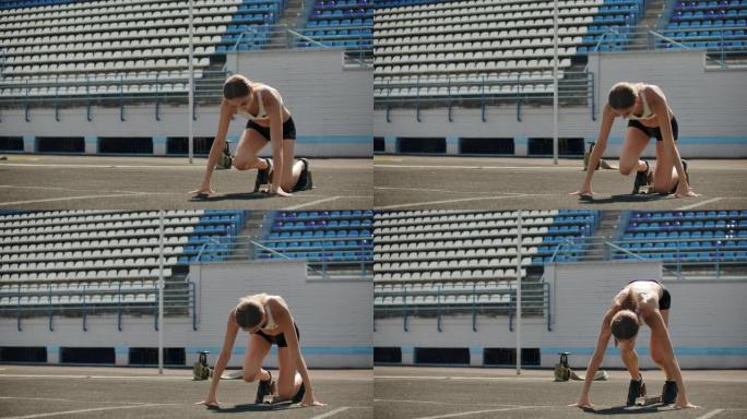 慢动作: 女运动员等待400米的比赛开始。女运动员在100米期间等待比赛开始。从跑步机上的垫子在体育