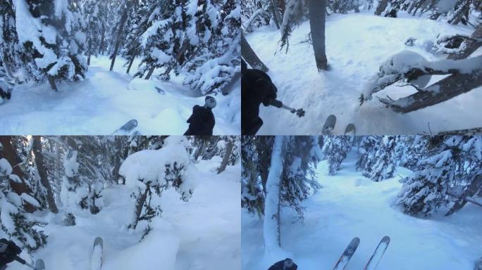 穷乡僻壤滑雪者下降粉状高山坡的第一人称视角