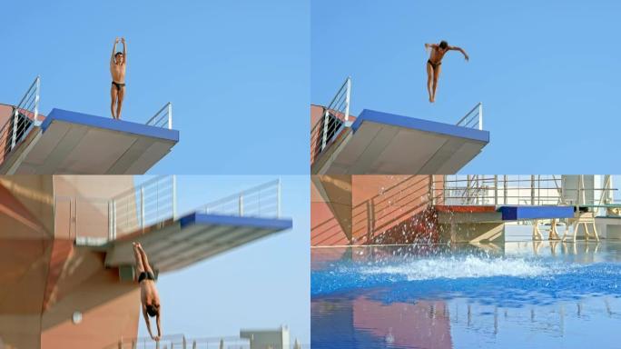 SLO MO男潜水员跳下平台在空中旋转降落在蓝池