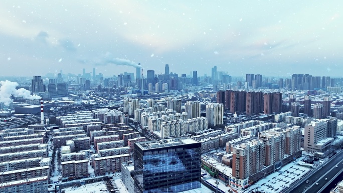 辽宁沈阳冬季雪天城市风景建筑航拍