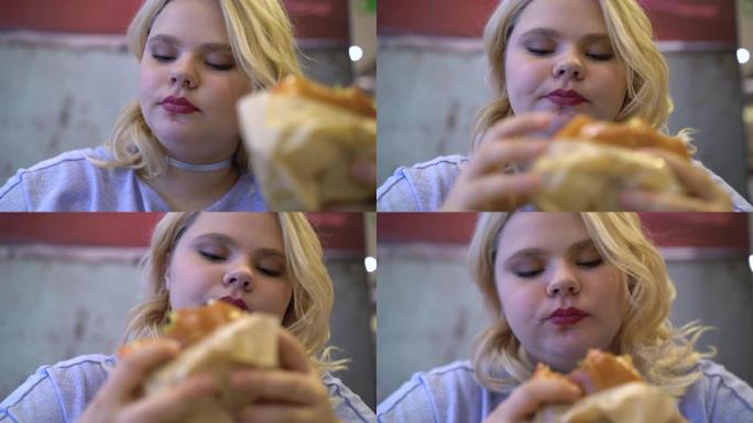 肥胖女孩吃脂肪快餐，不健康营养，青少年肥胖问题