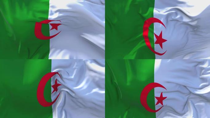 阿尔及利亚国旗迎风飘扬的慢动作动画。4K逼真的织物纹理旗帜平稳吹在一个刮风的日子连续无缝循环背景。