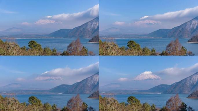 4k延时: 云在山上移动日本本津湖的富士山