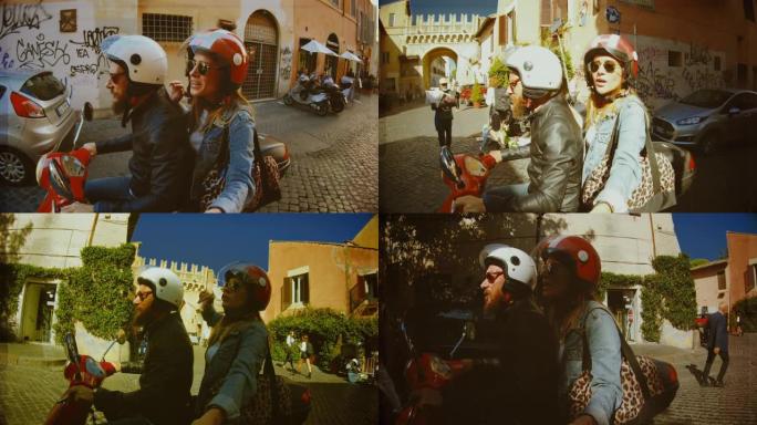 自拍踏板车骑行: 罗马市中心摩托车上的旅游夫妇