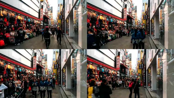 韩国首尔明洞街市场的延时。明东区是首尔市最受欢迎的购物市场。