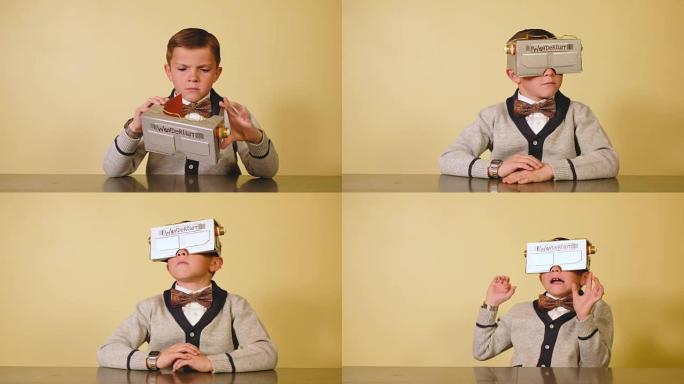自制虚拟现实耳机的小男孩书呆子